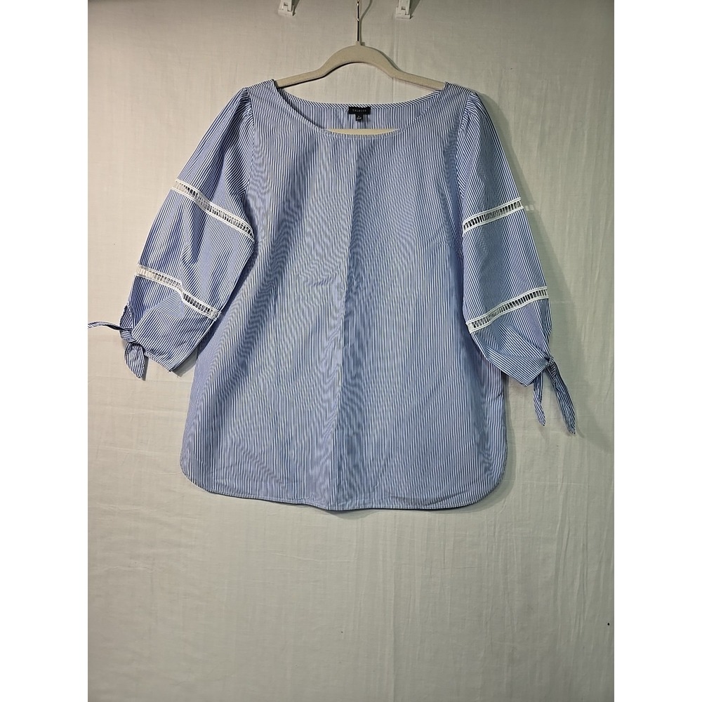 Talbots Cotton Striped Pullover‎ Blouse Blue & White Women's Large Cutouts Ties